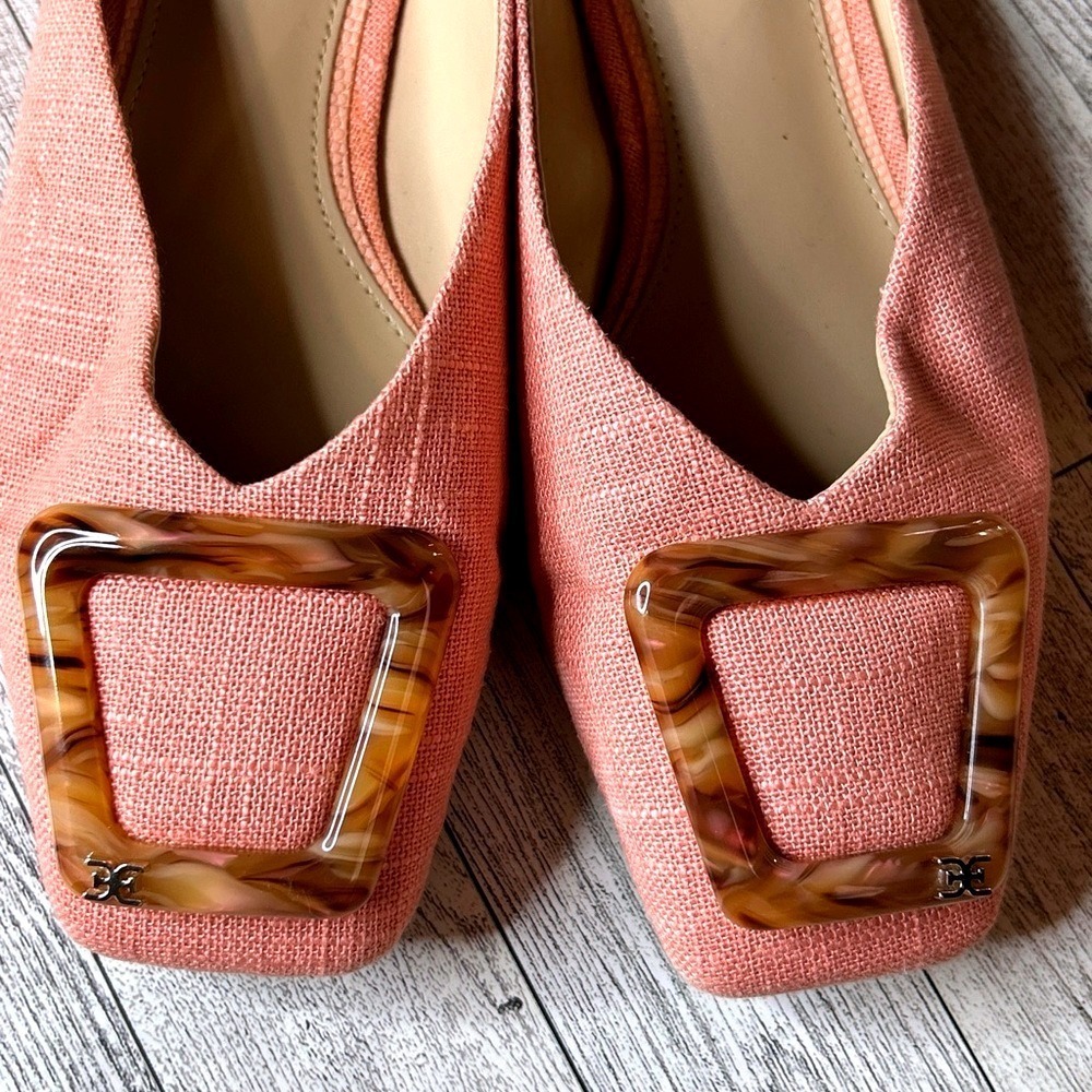 Sam Edelman Aris Mules Size 6 Coral Pink Raffia Tortoise Buckle Square Toe Flats - Picture 11 of 11
